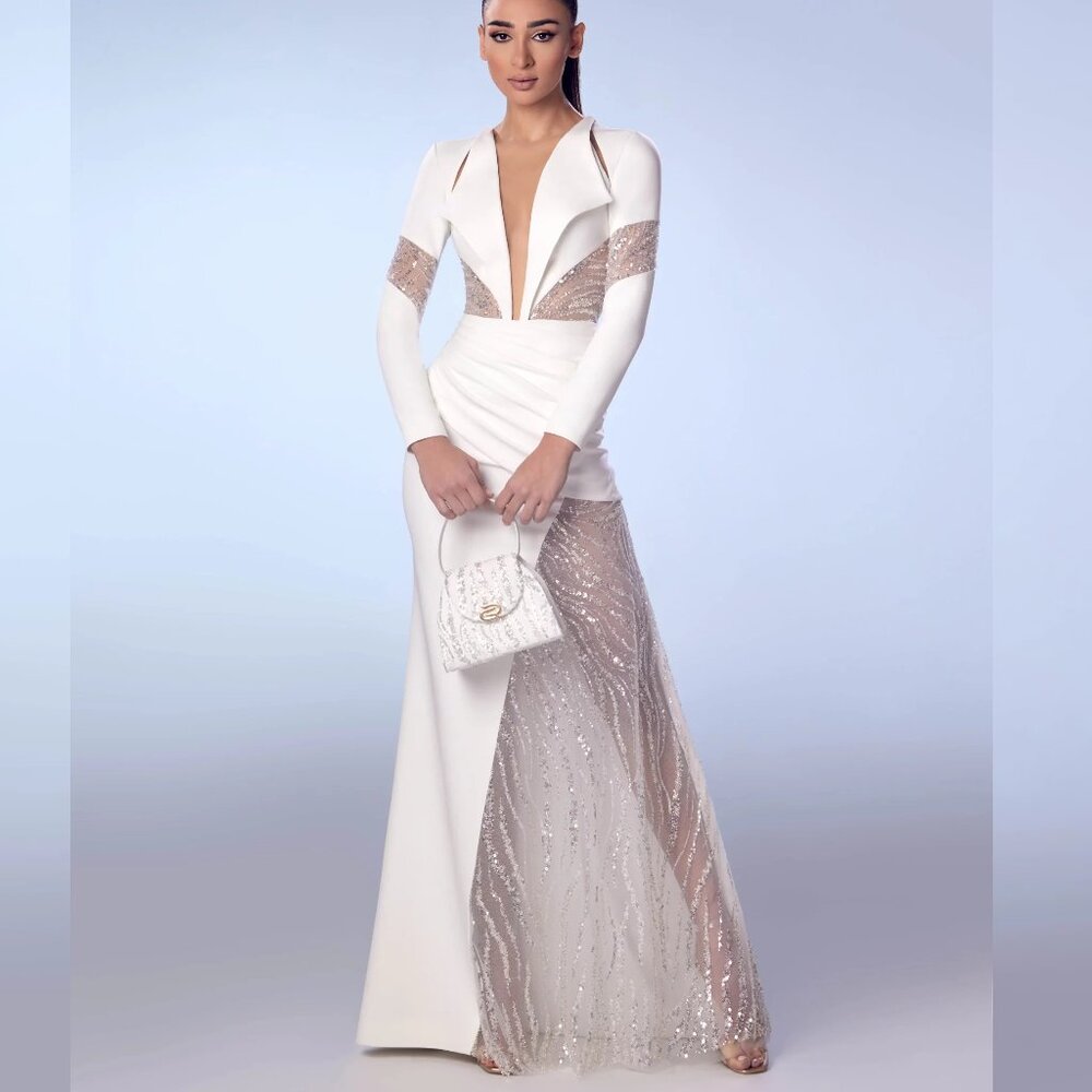 Sz S (fits 2-6) Off-White Plunge Mermaid Gown with Opal Sequined Mesh Panels